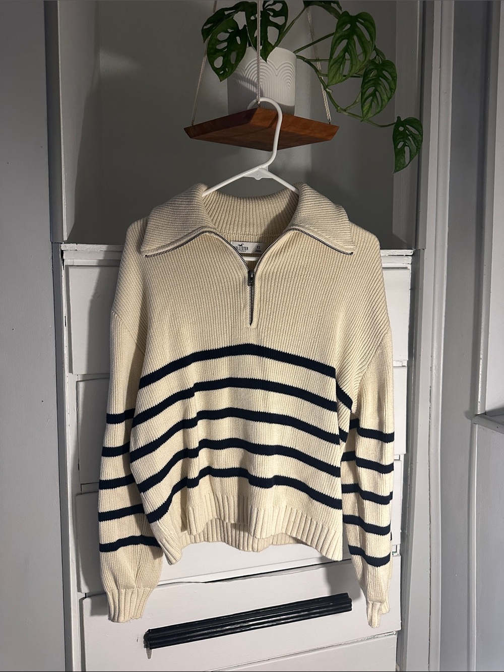 Hollister Cream Knit Half Zip Sweater with Black Stripes
